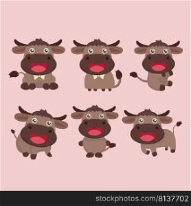 Cute buffalo cartoon with Bison in six different views. . Cute buffalo cartoon with Bison 