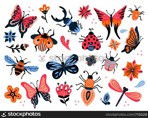 Cute bugs. Child drawing insects, flying butterflies and baby ladybird. Flower butterfly, fly insect and beetle. Flies horned bug insects and dragonfly flat vector isolated icons set. Cute bugs. Child drawing insects, flying butterflies and baby ladybird. Flower butterfly, fly insect and beetle flat vector set