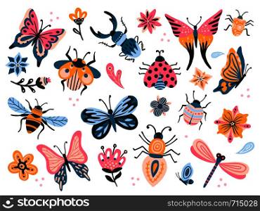 Cute bugs. Child drawing insects, flying butterflies and baby ladybird. Flower butterfly, fly insect and beetle. Flies horned bug insects and dragonfly flat vector isolated icons set. Cute bugs. Child drawing insects, flying butterflies and baby ladybird. Flower butterfly, fly insect and beetle flat vector set