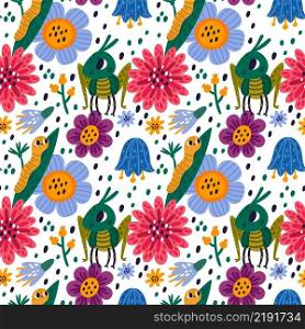 Cute bugs seamless pattern. Cartoon print with insect characters and funny colorful flowers. Grasshoppers and worms on blooming meadow. Locusts and blossoms. Caterpillars on leaves. Vector background. Cute bugs seamless pattern. Cartoon print with insects and colorful flowers. Grasshoppers and worms on blooming meadow. Locusts and blossoms. Caterpillars on leaves. Vector background
