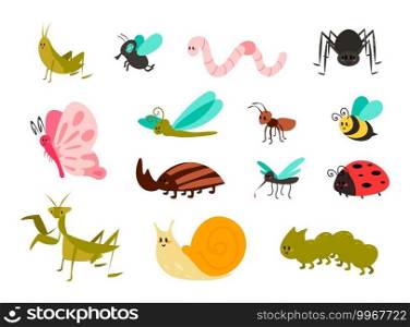 Cute bugs set. Cartoon colorful garden animals for kids illustration, funny children bug, worm and ladybug, little ant, spider and mosquito, butterfly and comic dragonfly, vector isolated collection. Cute bugs set. Cartoon colorful garden animals for kids illustration, funny children bug, worm and ladybug, little ant, spider and mosquito, butterfly and comic dragonfly vector collection
