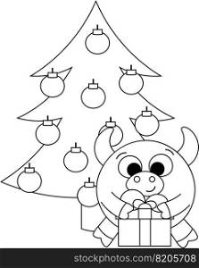 Cute bull, Christmas tree and gift in black and white