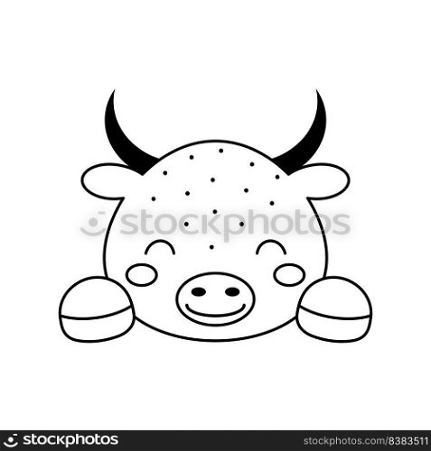 Cute bull head in Scandinavian style. Animal face for kids t-shirts, wear, nursery decoration, greeting cards, invitations, poster, house interior. Vector stock illustration