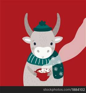 Cute bull in a hat and a scarf with hot cocoa and marshmallows in his hands. Suitable for greeting cards, banners, signage.. A cute bull in a hat and a scarf with hot cocoa in his hands.