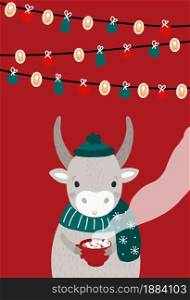 Cute bull in a hat and a scarf with hot cocoa and marshmallows in his hands. Multi-colored garlands and Christmas decorations. Suitable for greeting cards, banners, signage.. A cute bull in a hat and a scarf with hot cocoa in his hands.