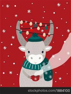 Cute bull in a hat and scarf with hot cocoa in his hands. Multi-colored garlands and Christmas decorations. Suitable for greeting cards, banners, signage.. A cute bull in a hat and a scarf with hot cocoa in his hands.