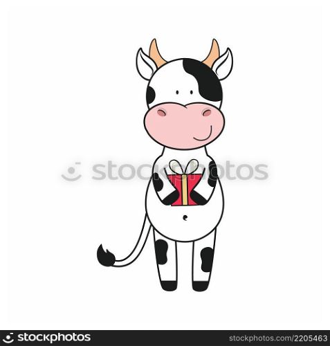 Cute bull isolated on a white background holding a gift. Symbol of 2021. Vector cartoon illustration for new year, Christmas, birthday. Design greeting cards, greetings, stickers for the web site.