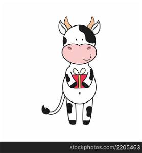 Cute bull isolated on a white background holding a gift. Symbol of 2021. Vector cartoon illustration for new year, Christmas, birthday. Design greeting cards, greetings, stickers for the web site.