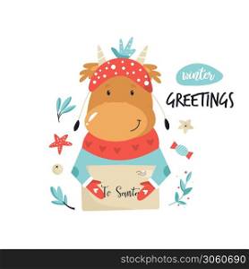 Cute bull with mail to Santa. Merry Christmas illustration, poster with funny animal. Merry Christmas illustration, poster with cute cow and mail to Santa.