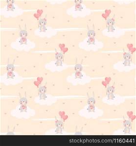 Cute bunny and heart shaped balloon seamless pattern. Lovely animal in Valentine concept.