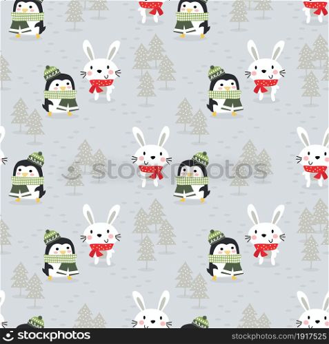 Cute bunny and penguin in Christmas winter seamless pattern