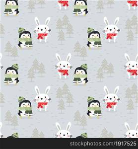 Cute bunny and penguin in Christmas winter seamless pattern