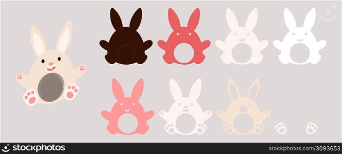 Cute bunny candy holder for kids. Hanger for sweets, candies for birthday, baby shower, Easter, Christmas. Layered paper decoration treat holder for dome. Print, cut out, glue. Vector illustration