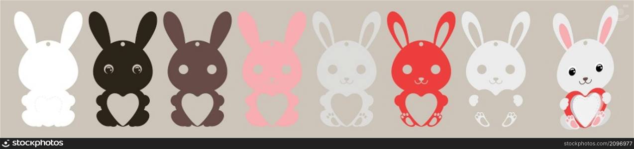 Cute bunny candy ornament. Layered paper decoration treat holder for dome. Hanger for sweets, candy for birthday, baby shower, valentine days. Print, cut out, glue. Vector stock illustration