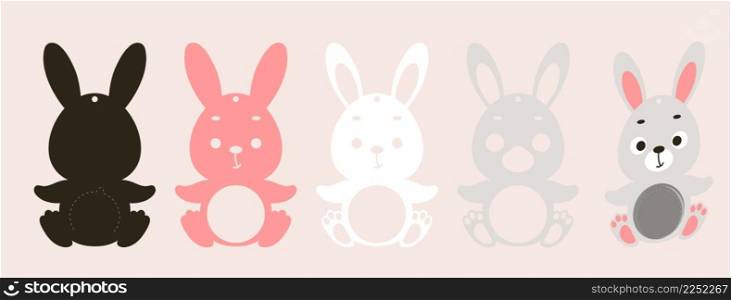 Cute bunny candy ornament. Layered paper decoration treat holder for dome. Hanger for sweets, candy for birthday, baby shower, easter, christmas. Print, cut out, glue. Vector stock illustration.