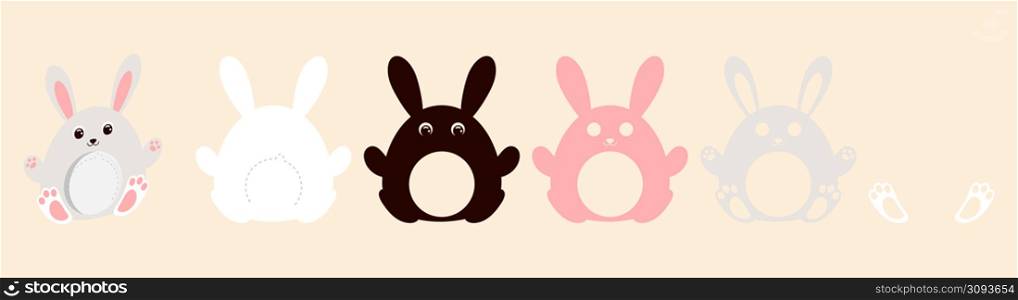 Cute bunny candy ornament. Layered paper decoration treat holder for dome. Hanger for sweets, candies for birthday, baby shower, Easter, Christmas. Print, cut out, glue. Vector stock illustration