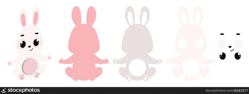 Cute bunny candy ornament. Layered paper decoration treat holder for dome. Hanger for sweets, candy for birthday, baby shower, halloween, christmas. Print, cut out, glue. Vector illustration.