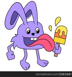 cute bunny creature is enjoying licking ice cream lick