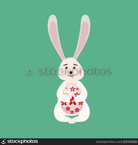 Cute Bunny Easter holding egg. Cartoon funny Easter Rabbit, illustration isolated. Cute Bunny Easter holding egg. Cartoon funny Easter Rabbit, illustration