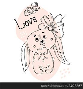 Cute bunny girl with huge bow and heart. Vector illustration. Postcard in style of hand drawn linear doodles. Funny animal for design and decoration, greeting cards and valentines
