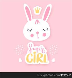 Cute bunny greeting card. Funny illustration. Lovely rabbit. Cartoon animal. Funny character. White sweet hare. Fashion hand drawn bunny girl. Supper girl.. Cute bunny greeting card. Funny illustration. Lovely rabbit.