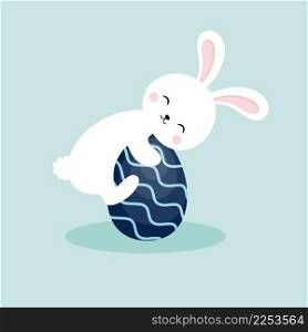 Cute bunny hugs an Easter egg. Vector character for kids in cartoon style. Illustration for the Easter holiday. Drawing for a postcard.