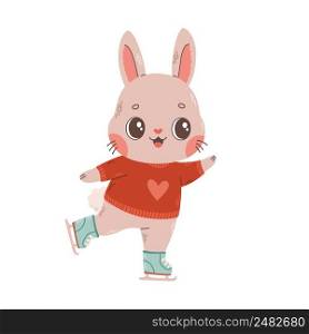 Cute bunny ice skating. Rabbit, hare character. Vector hand drawn illustration of winter recreation. Vector illustration