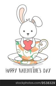 Cute Bunny In A Cup Holding Heart Valentines Day