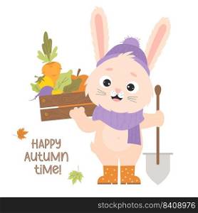 Cute bunny in rubber boots with vegetable harvest box, carrots and gardening tool with shovel. Poster Happy autumn time. Vector illustration for cards, design and decoration of farm harvest themes