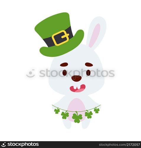 Cute bunny in St. Patrick&rsquo;s Day leprechaun hat holds shamrocks. Irish holiday folklore theme. Cartoon design for cards, decor, shirt, invitation. Vector stock illustration.