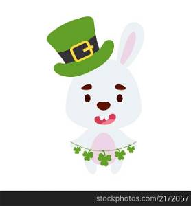 Cute bunny in St. Patrick&rsquo;s Day leprechaun hat holds shamrocks. Irish holiday folklore theme. Cartoon design for cards, decor, shirt, invitation. Vector stock illustration.