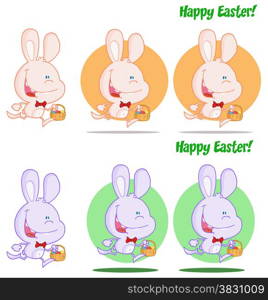 Cute Bunny Running With Easter Eggs Different Colors. Collection