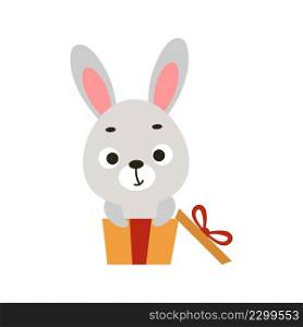 Cute bunny sit in gift box on white background. Cartoon animal character for kids cards, baby shower, invitation, poster, t-shirt composition, house interior. Vector stock illustration.