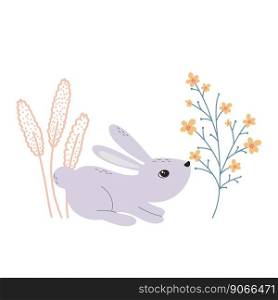 Cute bunny smells flowers. Rabbit in flowers and herbs, spring composition. Baby illustration with hare. Character hare and botanical elements, vector illustration. Cute bunny smells flowers