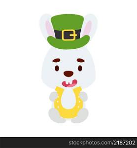 Cute bunny St. Patrick&rsquo;s Day leprechaun hat holds horseshoe. Irish holiday folklore theme. Cartoon design for cards, decor, shirt, invitation. Vector stock illustration.