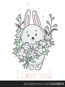Cute bunny with big bouquet of flowers. Vector illustration. Valentine postcard with text I love you. Hand drawing funny animal for design and decoration, greeting cards