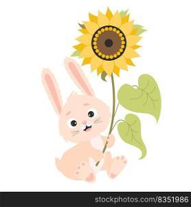 Cute bunny with big yellow sunflower flower. Vector illustration. Funny character - rabbit for childrens collection, cards and covers, design, decor, print, flyers