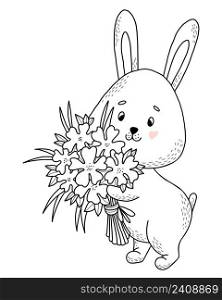 Cute bunny with bouquet of flowers. Vector illustration. Postcard in style of hand drawn linear doodles. Funny animal for design and decoration, greeting cards, childrens collection and coloring pages