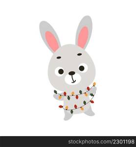 Cute bunny with garland on white background. Cartoon animal character for kids cards, baby shower, invitation, poster, t-shirt composition, house interior. Vector stock illustration.