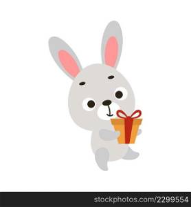 Cute bunny with gift on white background. Cartoon animal character for kids cards, baby shower, invitation, poster, t-shirt composition, house interior. Vector stock illustration.
