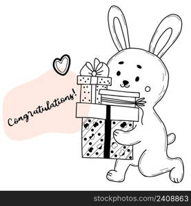 Cute bunny with gifts and boxes. Vector illustration. Greeting card in linear doodle style. Funny animal for design and decoration