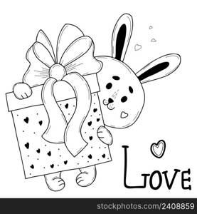Cute bunny with huge gift in box with bow and hearts. Vector illustration. postcard declaration of love in hand drawn linear doodles style. Funny animal for design and decoration, greeting cards