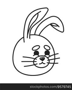 Cute bunny with relieved smile monochrome flat linear character head. Adorable rabbit animal, happy emotion. Editable outline hand drawn icon. 2D cartoon spot vector avatar illustration for animation. Cute bunny with relieved smile monochrome flat linear character head