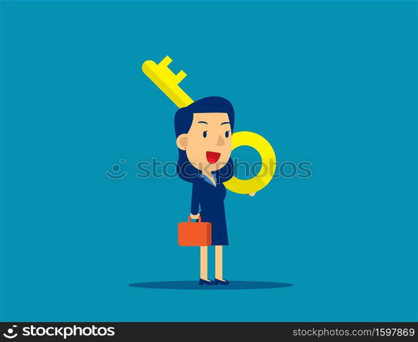 Cute business person holding giant key on shoulder. Success concept, Flat cartoon vector character style design.