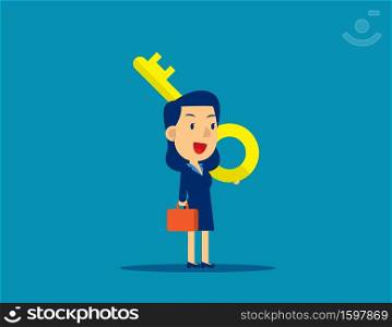 Cute business person holding giant key on shoulder. Success concept, Flat cartoon vector character style design.