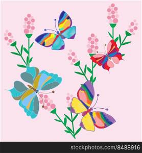 Cute butterflies and summer flowers, beautiful pastel print, postcard, art, light lilac and purple shades. Vector illustration