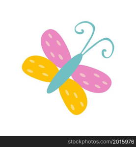 Cute butterfly drawn in simple primitive doodle style. Naive flat vector illustration isolated on white background
