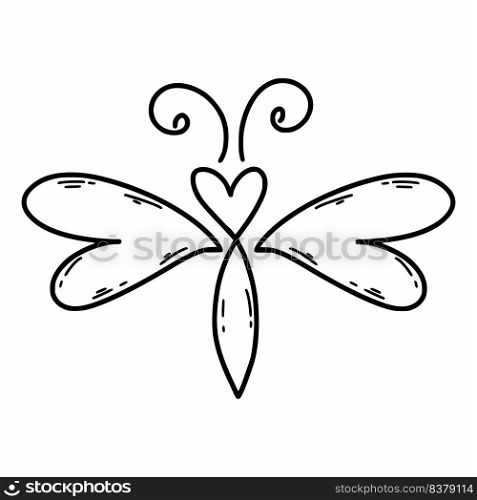 Cute butterfly in doodle style. Hand drawn heart. Postcard decor element.