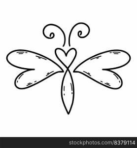 Cute butterfly in doodle style. Hand drawn heart. Postcard decor element.