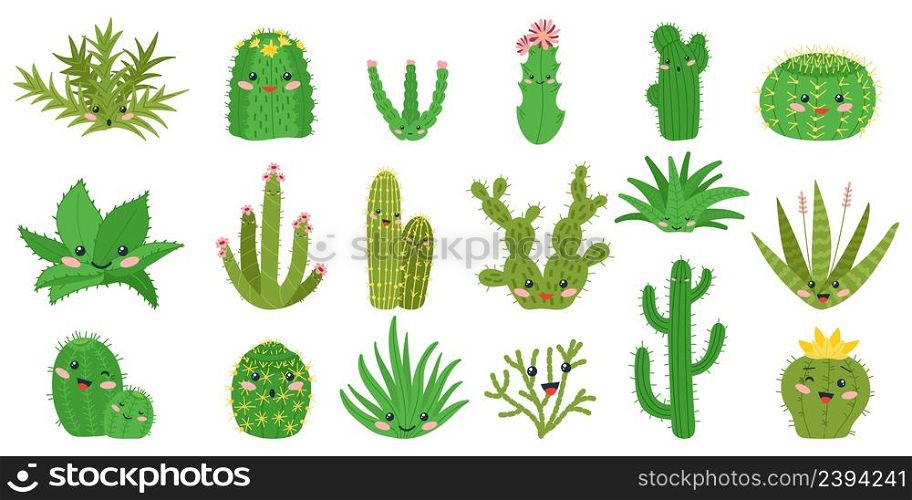 Cute cactus. Happy cacti with kawaii faces. Isolated plant patches, decorative cartoon stickers for kids. Funny desert succulents decent vector characters. Illustration of happy cactus succulent. Cute cactus. Happy cacti with kawaii faces. Isolated plant patches, decorative cartoon stickers for kids. Funny desert succulents decent vector characters